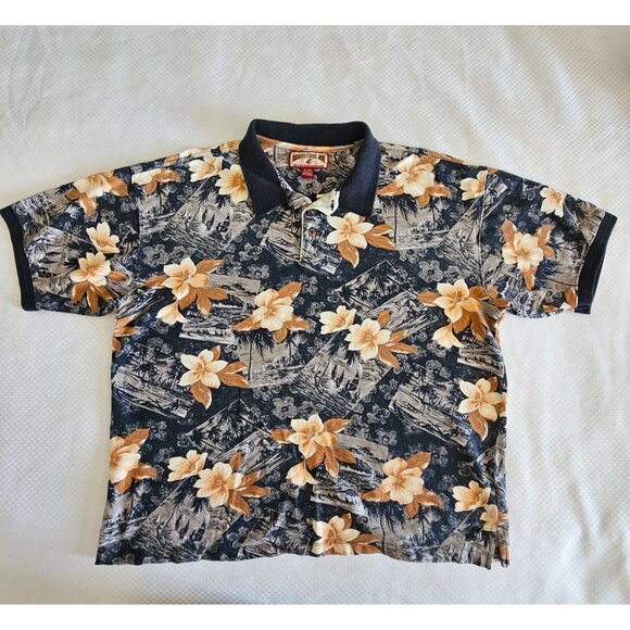 Caribbean Joe Mens Hawaiian Floral Polo Shirt XL Navy/Orange Cotton Blend - Picture 1 of 7